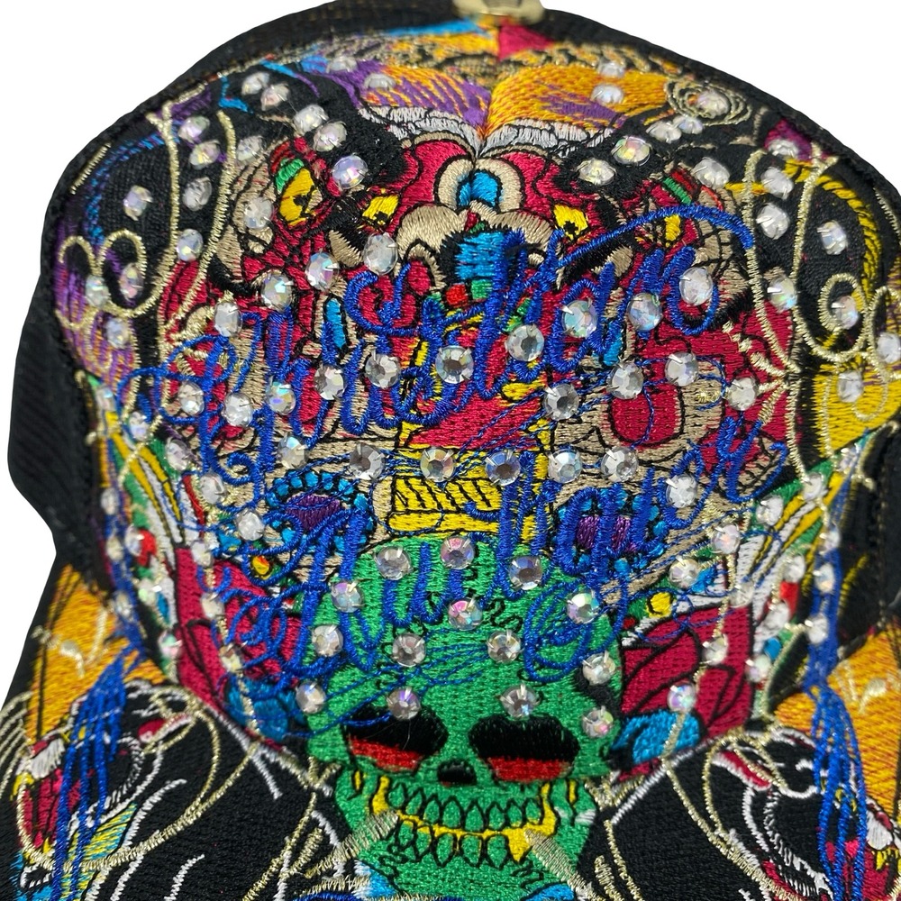 Christian Audigier Skull Rhinestone Embroidered Mesh Trucker Hat Black Multi - Picture 14 of 14